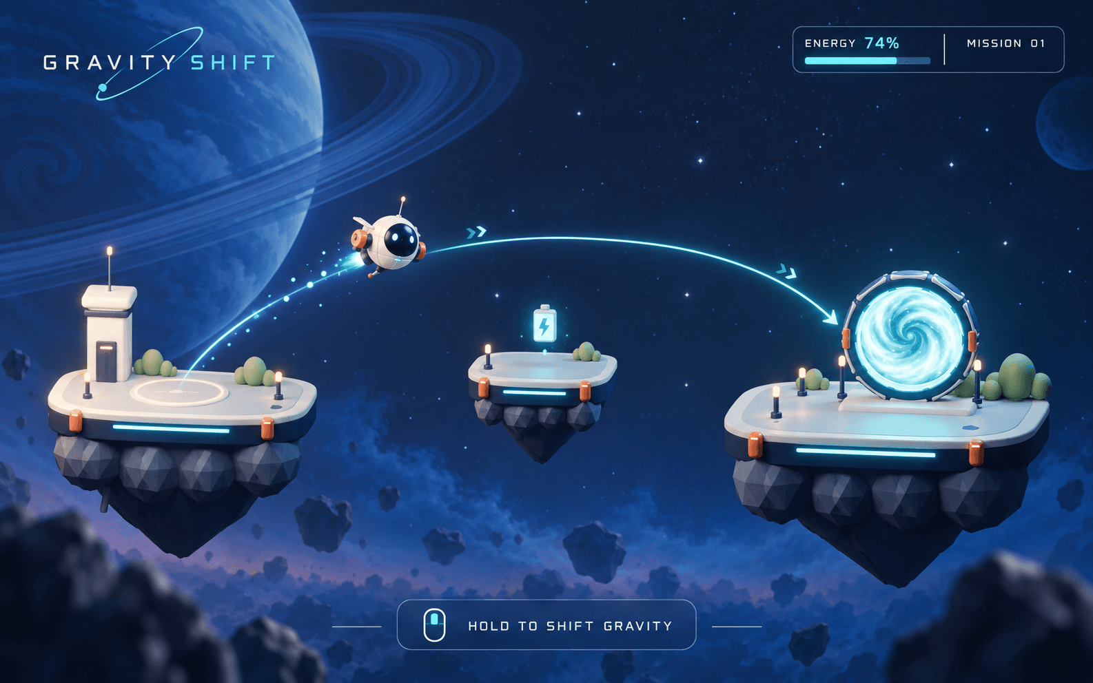 Nave Gravity Shift a alterar a gravidade entre plataformas flutuantes e um portal