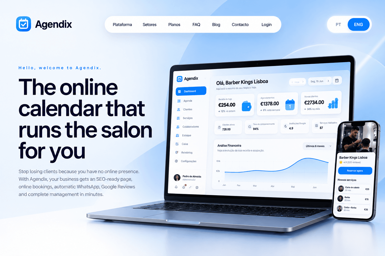 Agendix scheduling platform presented on a laptop and mobile phone