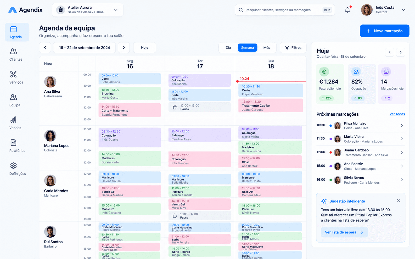 Agendix team scheduling workspace with appointments and operational insights