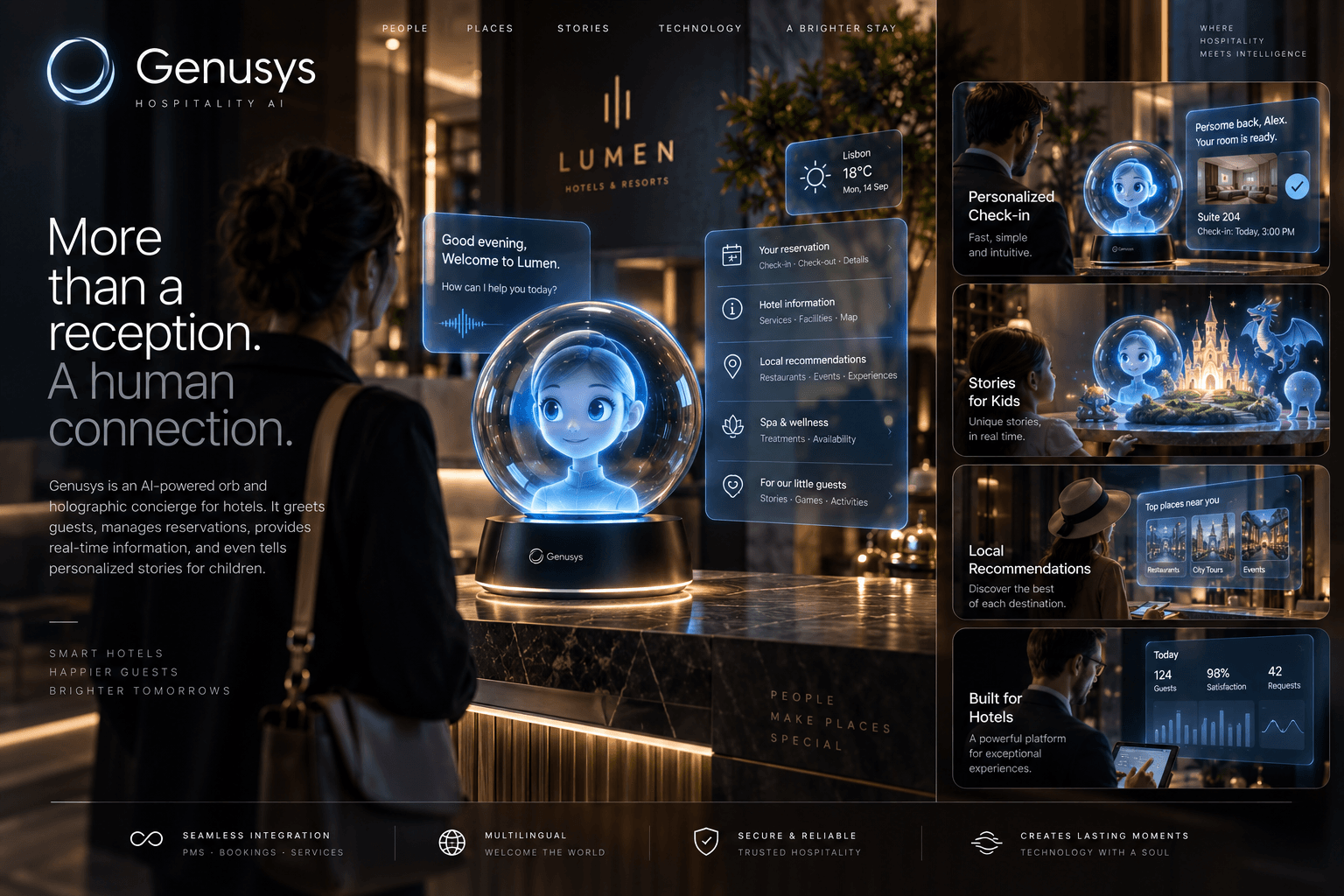 Genusys holographic AI concierge concept showing guest assistance, local recommendations and interactive storytelling in a hotel