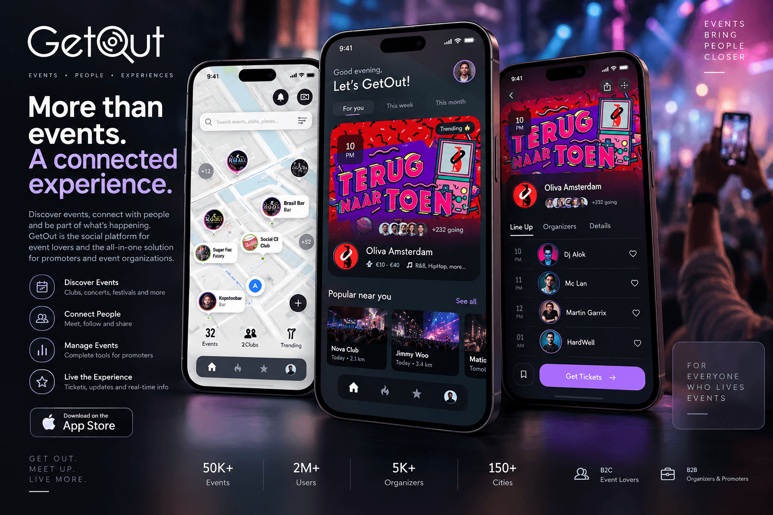 GetOut iOS app presented on three iPhones showing an event discovery map, recommendations and an event lineup
