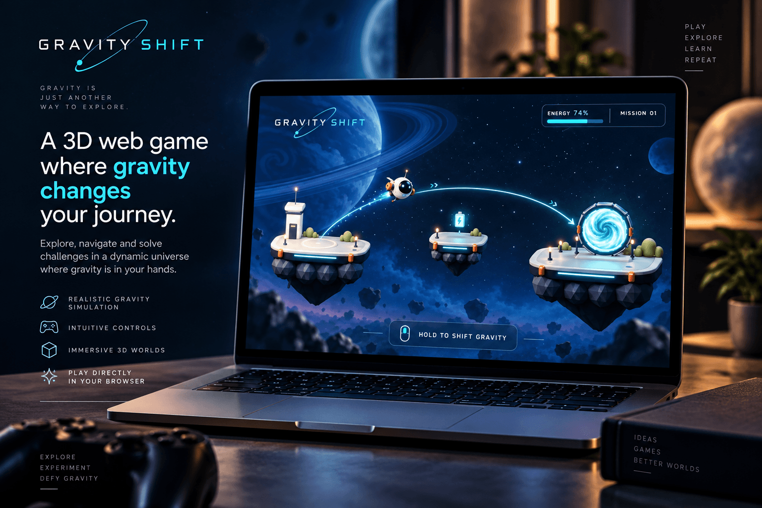 Gravity Shift space game presented on a laptop with floating platforms and a glowing portal