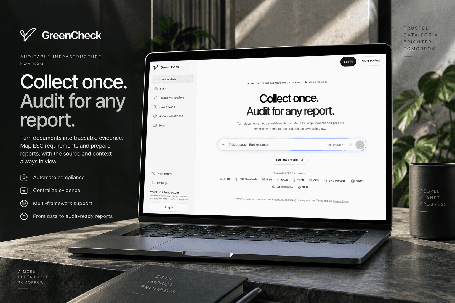 GreenCheck ESG platform presented on a laptop in a workspace